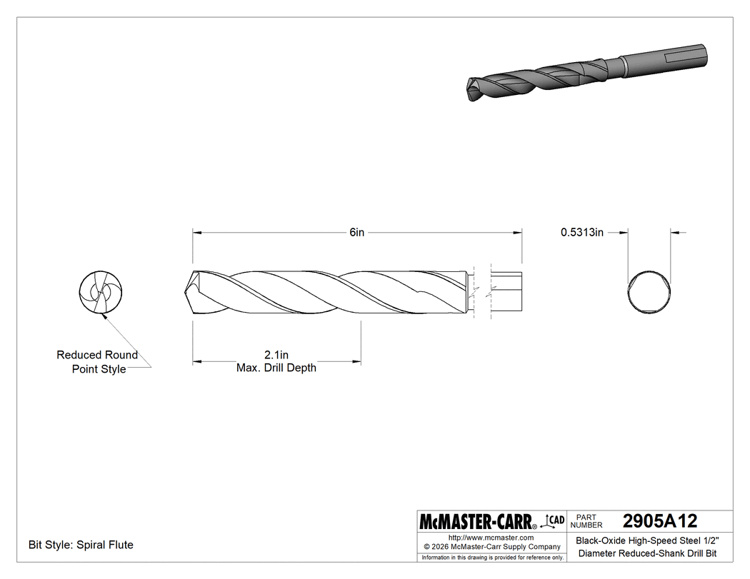Technical Drawing of Black-Oxide High-Speed Steel 1/2" Diameter Reduced-Shank Drill Bit, with Flats on Shank, 17/32" Size, 6" Overall Length .